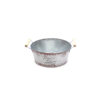 Zink wit met bruin wash "Fleurs et nature" met houten oren rond D25 H10 B20,5cm
