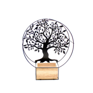 Houten planter naturel rechthoek 13x8 H8cm met metalen boom boog 29x9 H36cm