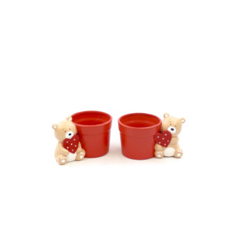 Keramiek pot rood met beer (links en rechts) 16,5x12,3 H14cm