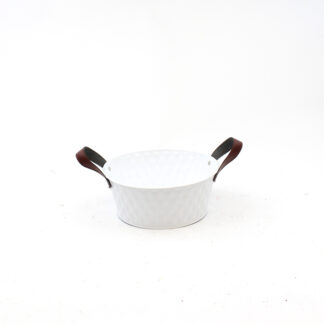 Zink planter wit met blad patroon met bruine lederen oren rond D22 H9 B17cm