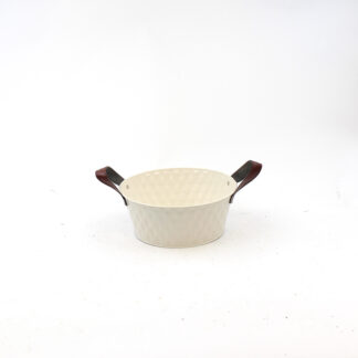 Zink planter beige/creme met blad patroon met bruine lederen oren rond D22 H9 B17cm