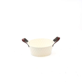 Zink planter beige/creme met blad patroon met bruine lederen oren rond D22 H9 B17cm