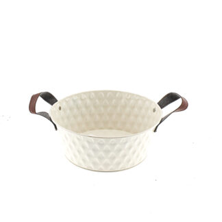 Zink planter beige/creme met blad patroon met bruine lederen oren rond D22 H9 B17cm