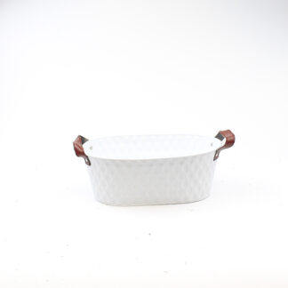 Zink planter wit met blad patroon met bruine lederen oren ovaal 30x19 H11 B25x14cm