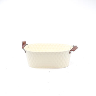 Zink planter beige/creme met blad patroon met bruine lederen oren ovaal 30x19 H11 B25x14cm