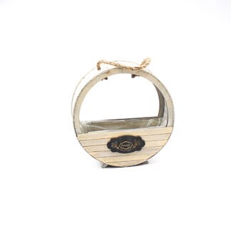 Houten wiel lichtgrijs/bruin met zwart label rond D26 diepte 11cm