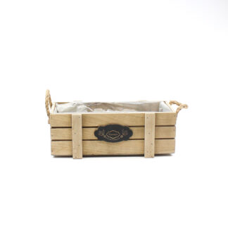 Houten kist bruin met touw oren en zwart label 32x13 H11/12cm