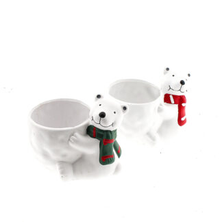 Keramiek beer wit met rode EN groene sjaal (MIX) D10 H10cm (ES9)