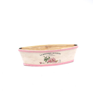 Houten bak plywood roze rand met roos boot 38x13 H10cm