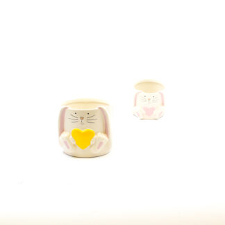 Keramieken pot konijn wit met hart geel, roze 13,8x13,8 H12,5cm MIXED IN TRAY