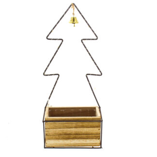 Houten planter naturel rechthoek 15x8 H8cm met metalen boog kerstboom met bel hanger met 10x led H38cm