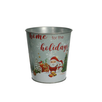 Zinken pot met kerstprint "Home for the holidays" grijs rond D13 H14 B10cm