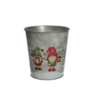 Zinken pot met kerstprint gnome grijs rond D13 H14 B10cm