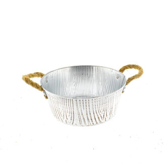 Zinken planter wit met houtnerf structuur bruin met touworen rond D22 H9 B17cm