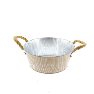 Zinken planter bruin met houtnerf structuur wit met touworen rond D22 H9 B17cm