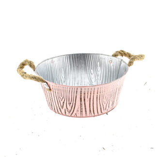 Zinken planter roze met houtnerf structuur bruin met touworen rond D22 H9 B17cm
