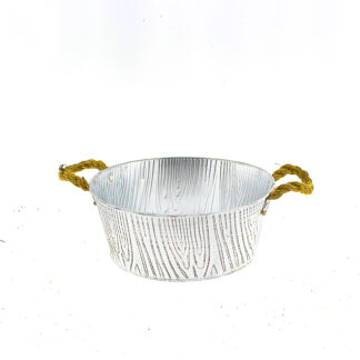 Zinken planter wit met houtnerf structuur bruin met touworen rond D25 H10 B20cm