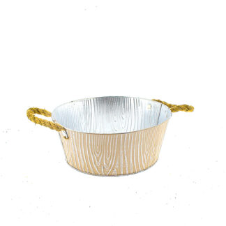 Zinken planter bruin met houtnerf structuur wit met touworen rond D25 H10 B20cm