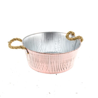 Zinken planter roze met houtnerf structuur bruin met touworen rond D25 H10 B20cm