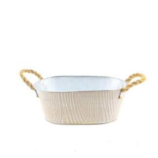 Zinken planter bruin met houtnerf structuur wit met touworen ovaal 25,5x15,5 H10 B21x12cm