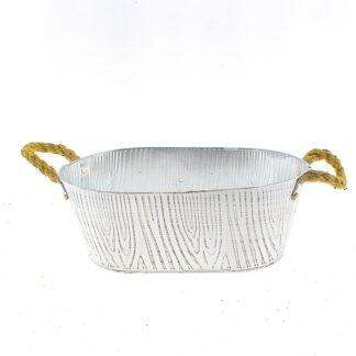 Zinken planter wit met houtnerf structuur bruin met touworen ovaal 30x18,5 H11 B25x14cm