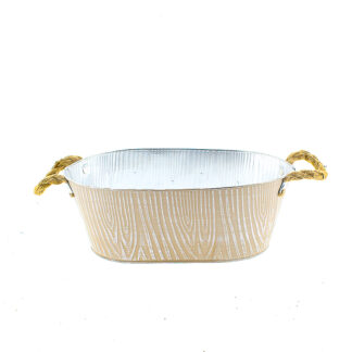 Zinken planter bruin met houtnerf structuur wit met touworen ovaal 30x18,5 H11 B25x14cm