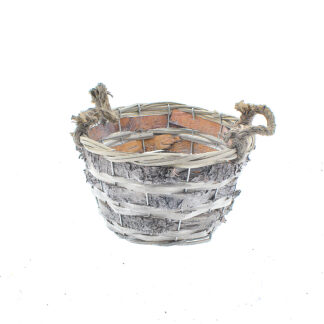 Mand spaanhout met schors grijs met touw oren rond D23 H12 B16cm
