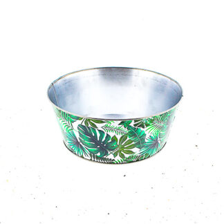 Zinken planter wit met groene bladeren print rond D25 H10 B20cm