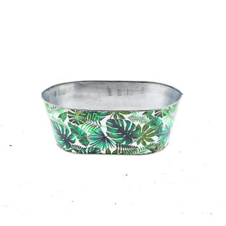 Zinken planter wit met groene bladeren print ovaal 30x18,5 H11 B25x14cm