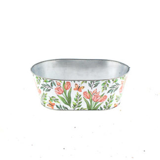 Zinken planter wit met tulpen print ovaal 30x18,5 H11 B25x14cm