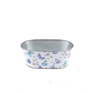 Zinken planter wit met vlinders print ovaal 25,5x15,5 H10 B21x12cm