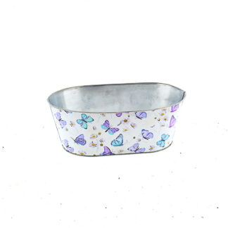 Zinken planter wit met vlinders print ovaal 30x18,5 H11 B25x14cm
