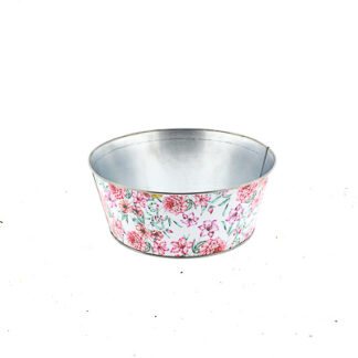 Zinken planter wit met roze bloemen print rond D25 H10 B20cm
