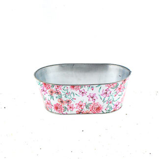Zinken planter wit met roze bloemen print ovaal 30x18,5 H11 B25x14cm