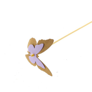 Vlinder papier bruin met lila 7x9cm op steker 50cm (93134927)