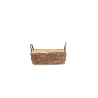 Houten bak schors bruin met metalen oren grijs 30x13 H10,5cm