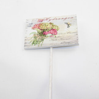 Houten bordje 10x7cm "Hydrangea" op steker 15cm