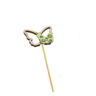 Vlinder hout groen met kleine vlinder erop 6x4,8cm op steker 10cm