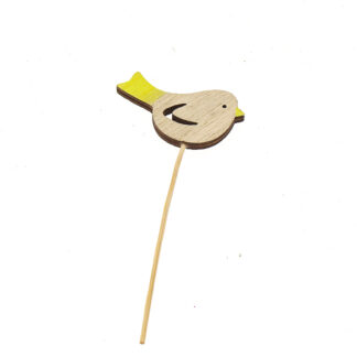 Vogel hout geel met naturel 6x3,5cm op steker 10cm