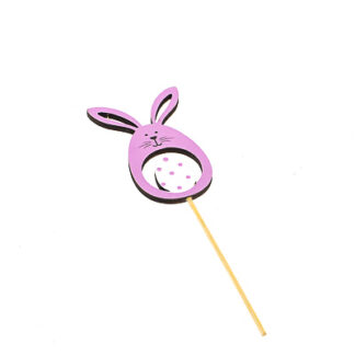 Konijn in eivorm hout lila met ei erin 9,3x6cm op steker 10cm