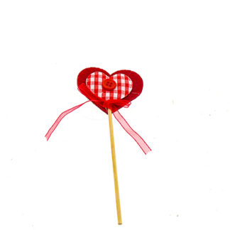 Hart vilt rood met ruiten hart en knoop erin met strik 6x5,5cm op steker 10cm