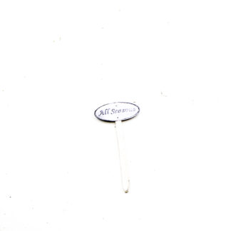 Metalen bordje ovaal wit "All Seasons" op houten steker