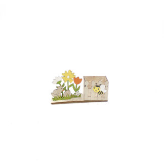 Houten planter vierkant met bloemen en bij 24x8 H13cm