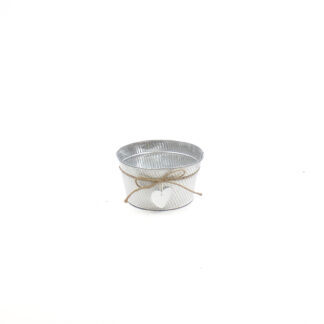 Zink grijs whitewashed met touw strik en witte hart rond D18 H10 B14cm