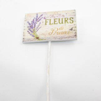 Houten bordje 10x7cm "Fleurs de provence" op steker 15cm