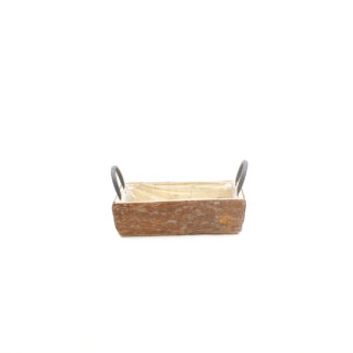 Houten bak schors bruin met metalen oren grijs 31x18 H8cm