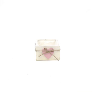 Houten bak wit met roze hart en touw strik vierkant 16x16 H10cm