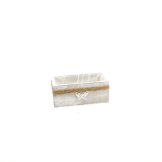 Houten planter grijs met band van touw en witte vlinder rechthoek 22x12,5 H9cm