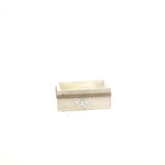 Houten planter wit met band van touw en witte vlinder rechthoek 22x12,5 H9cm