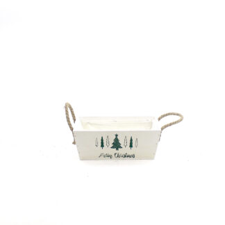 Houten bak wit met groene print kerstbomen met touworen rechthoek 24x14 H9 B21x11cm